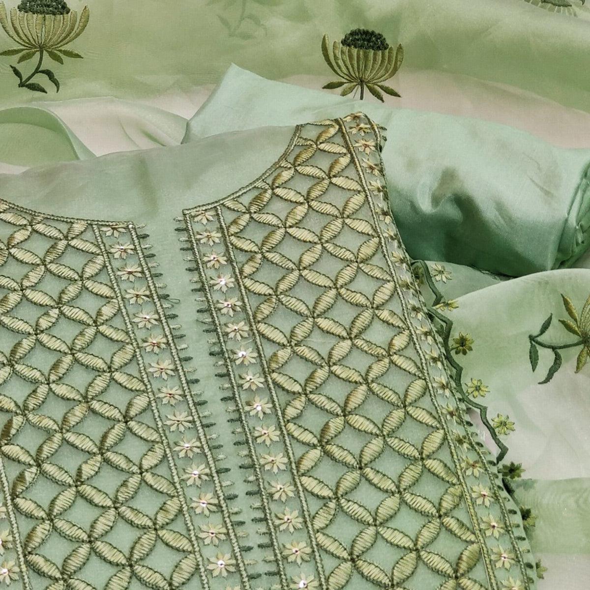 Green Floral Embroidered Organza Dress Material - Peachmode