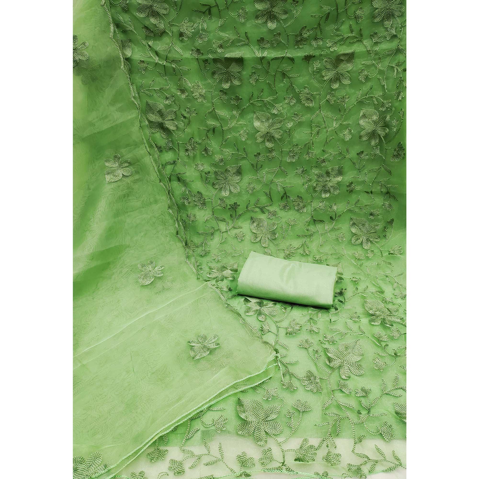 Green Floral Embroidered Organza Dress Material - Peachmode