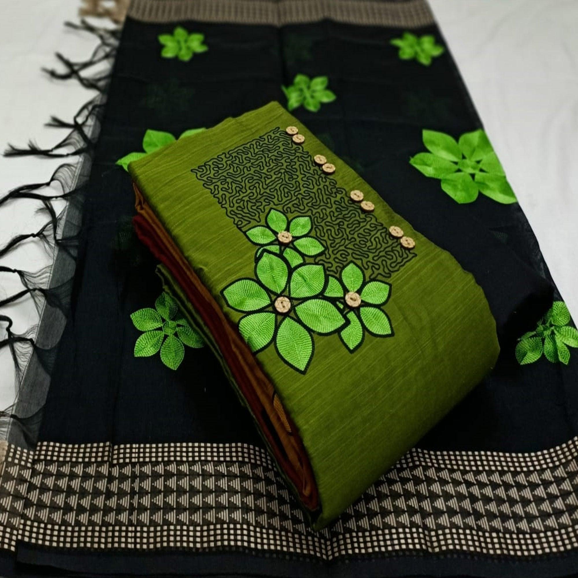 Green Floral Embroidered Pure Cotton Dress Material - Peachmode