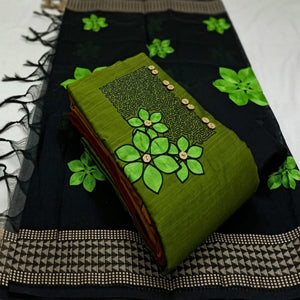 Green Floral Embroidered Pure Cotton Dress Material - Peachmode