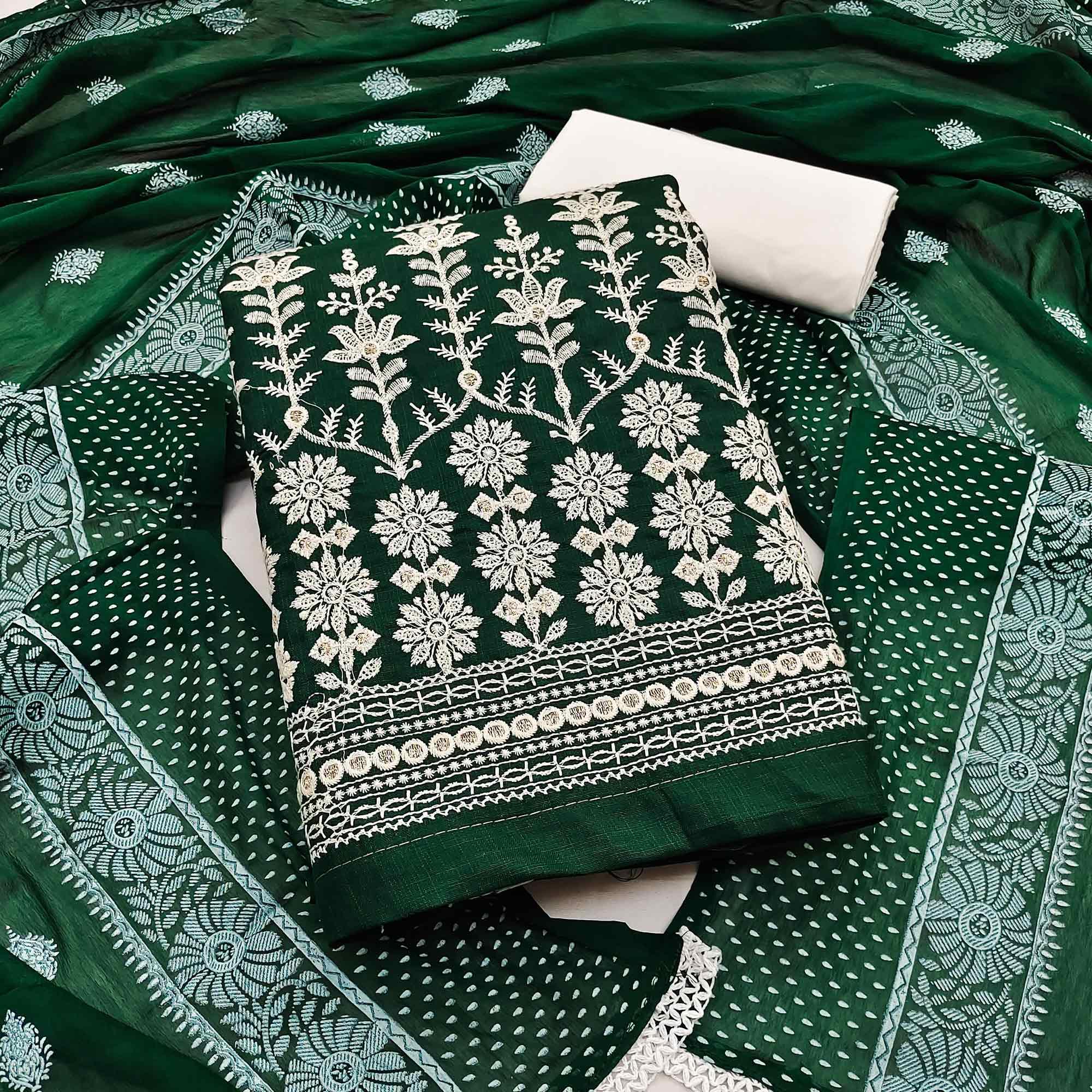 Green Floral Embroidered Pure Cotton Dress Material - Peachmode