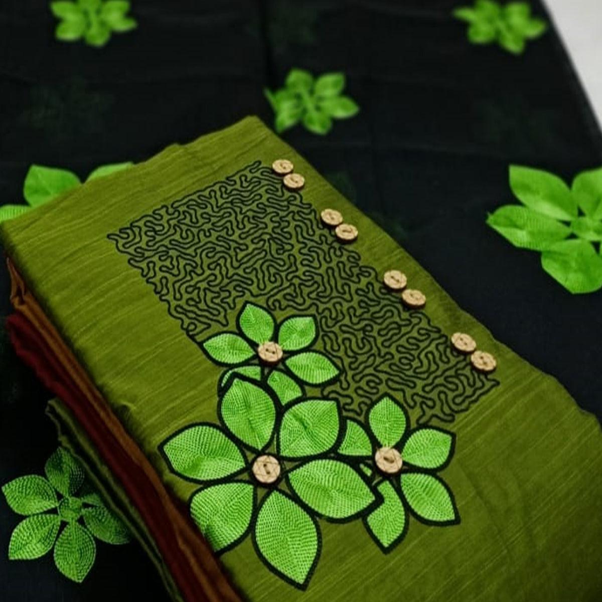 Green Floral Embroidered Pure Cotton Dress Material - Peachmode