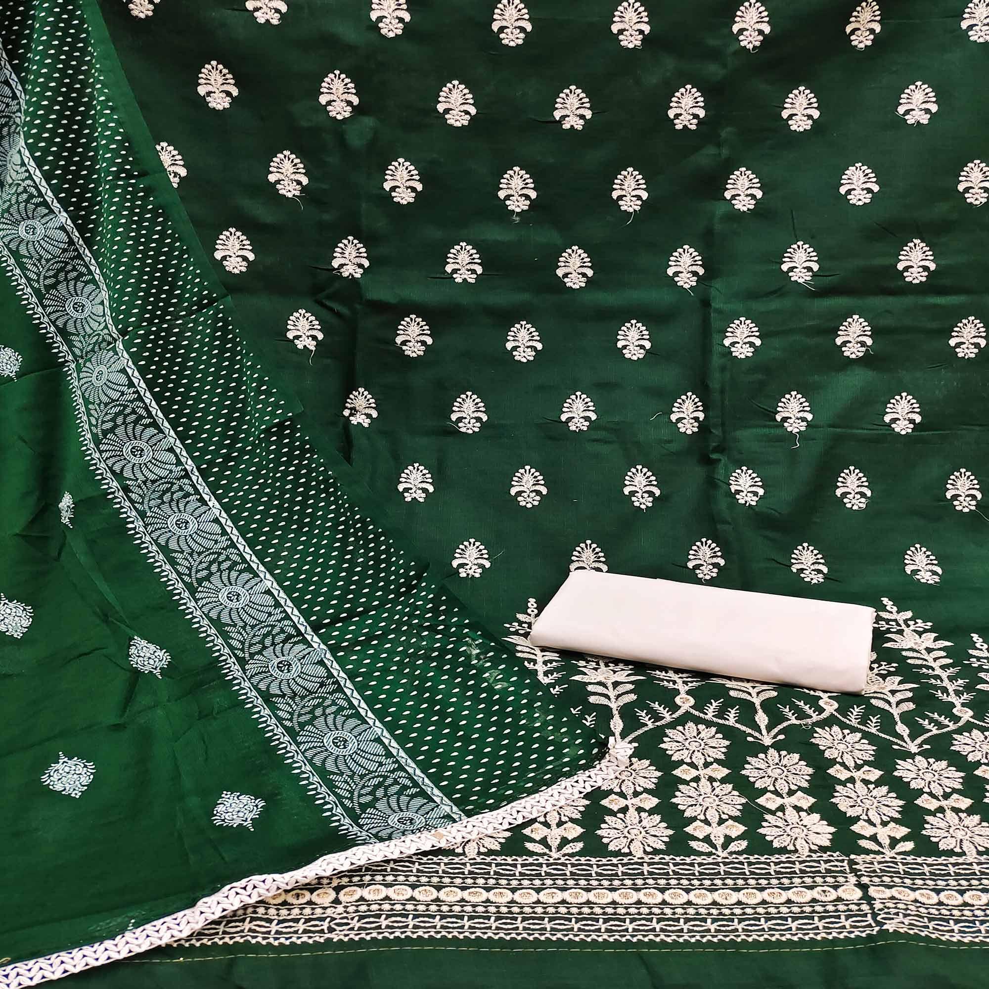 Green Floral Embroidered Pure Cotton Dress Material - Peachmode