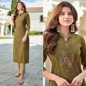 Green Floral Embroidered Pure Cotton Kurti Pant Set - Peachmode