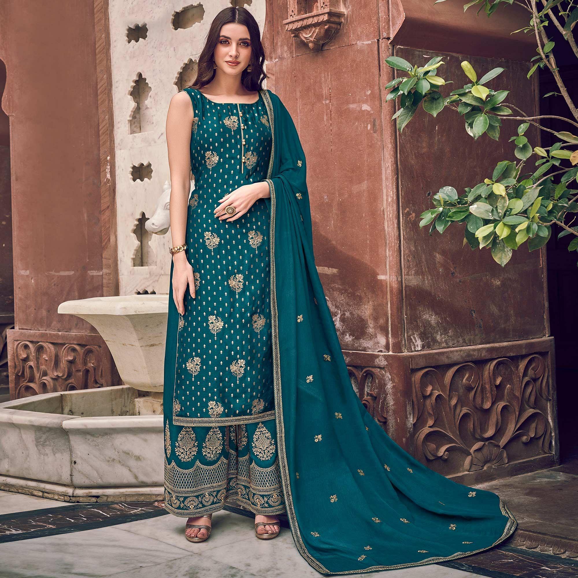 Green Floral Embroidered Pure Dola Jacquard Partywear Suit - Peachmode