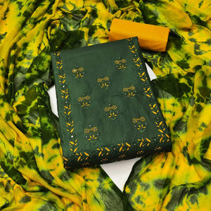 Green Floral Embroidered Pure Silk Dress Material - Peachmode