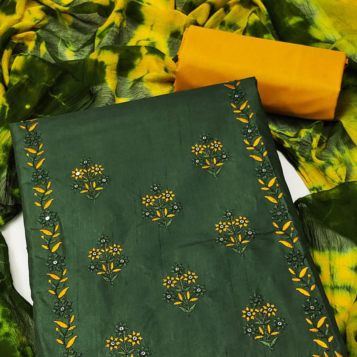 Green Floral Embroidered Pure Silk Dress Material - Peachmode