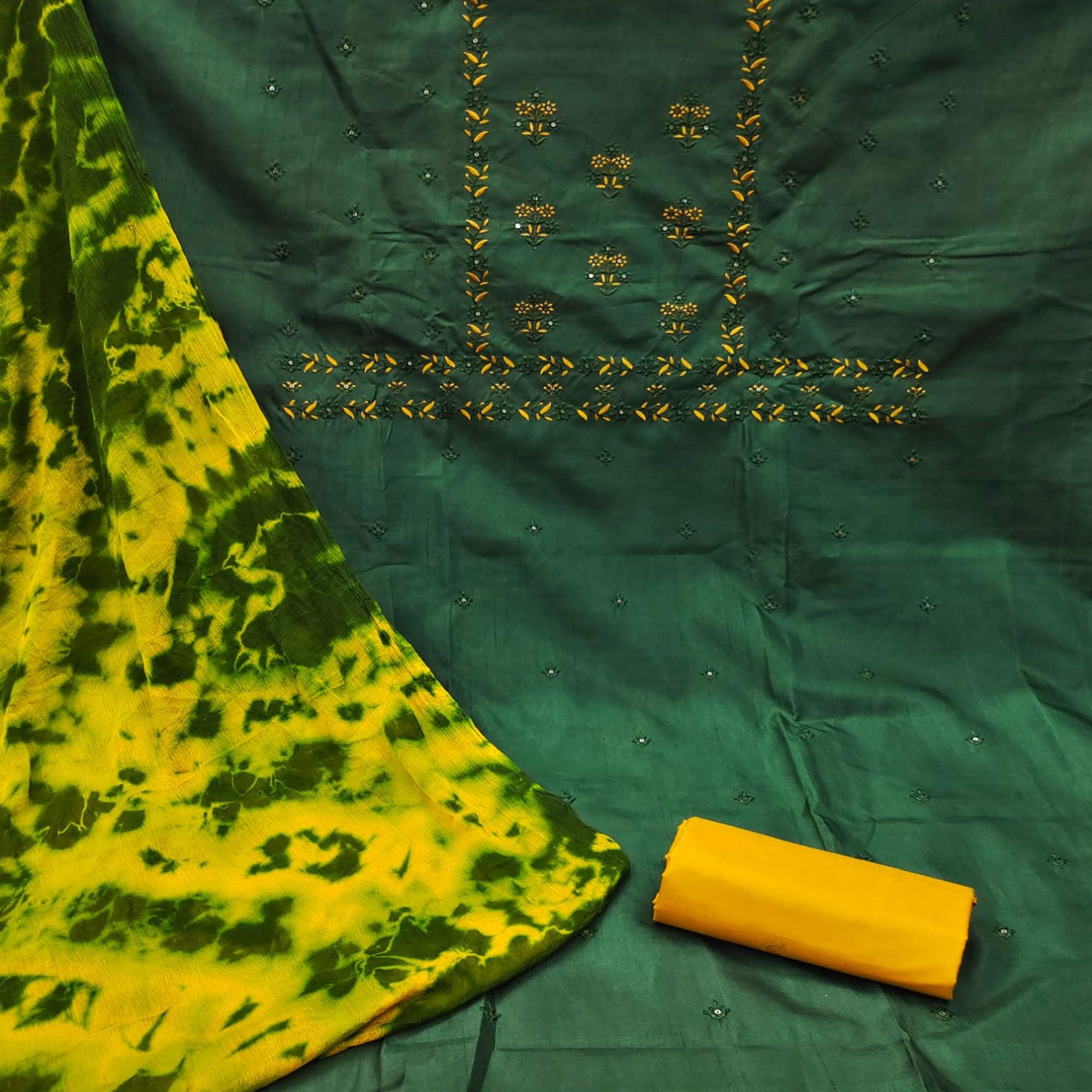 Green Floral Embroidered Pure Silk Dress Material - Peachmode