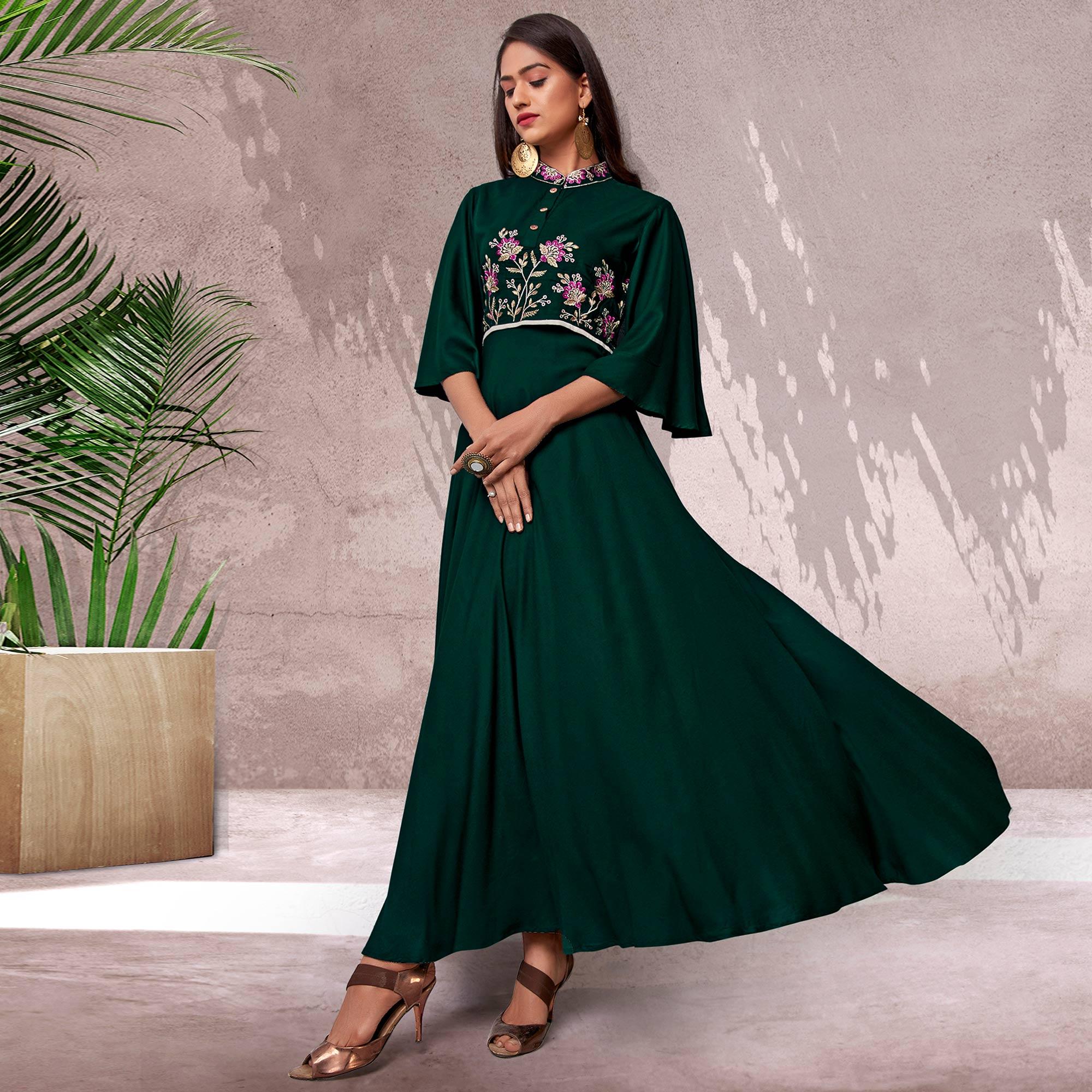 Green Floral Embroidered Rayon Gown - Peachmode