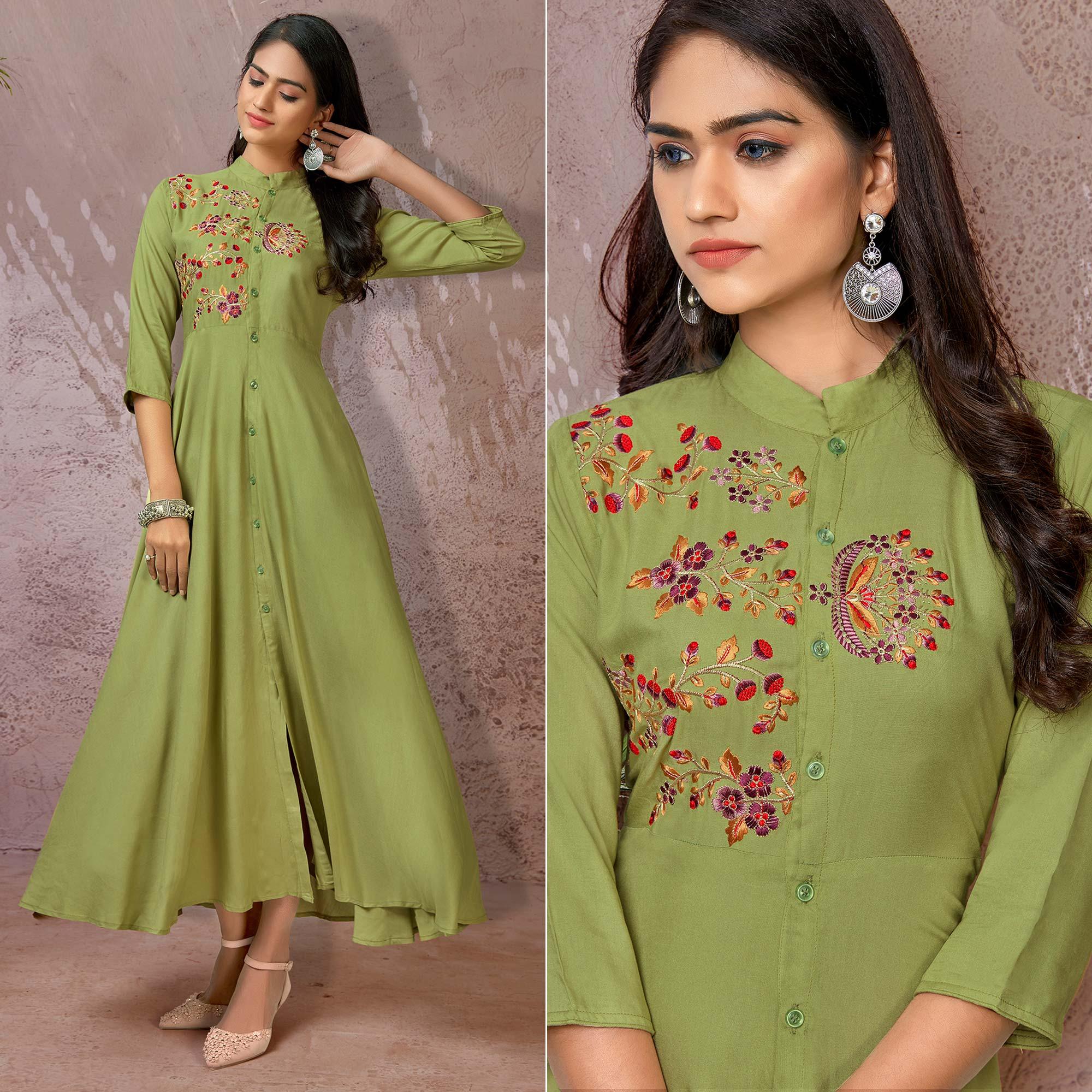 Green Floral Embroidered Rayon Gown - Peachmode