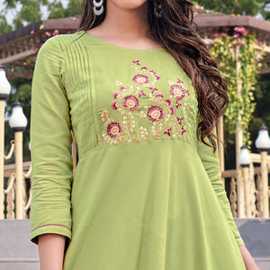 Green Floral Embroidered Rayon Gown - Peachmode