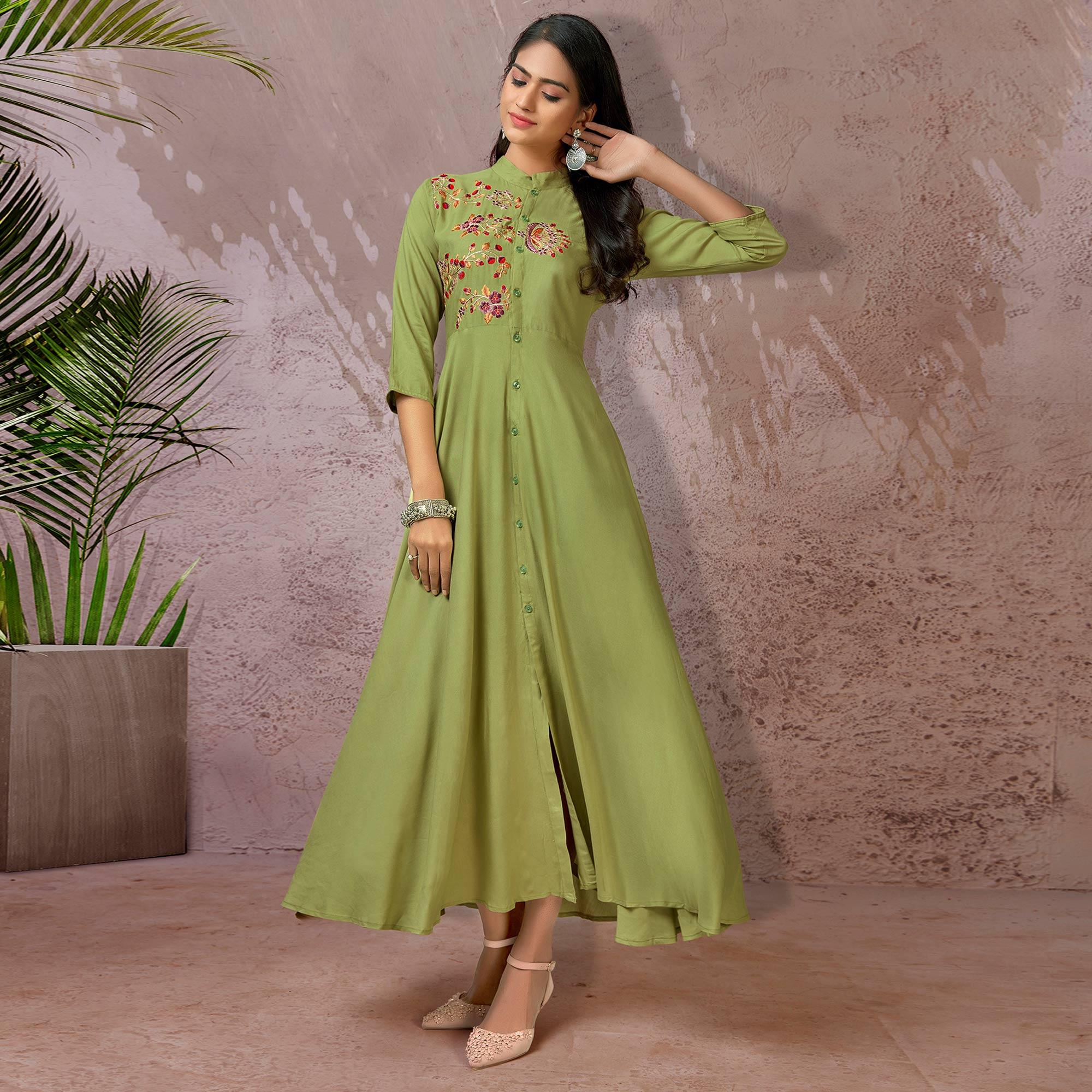 Green Floral Embroidered Rayon Gown - Peachmode