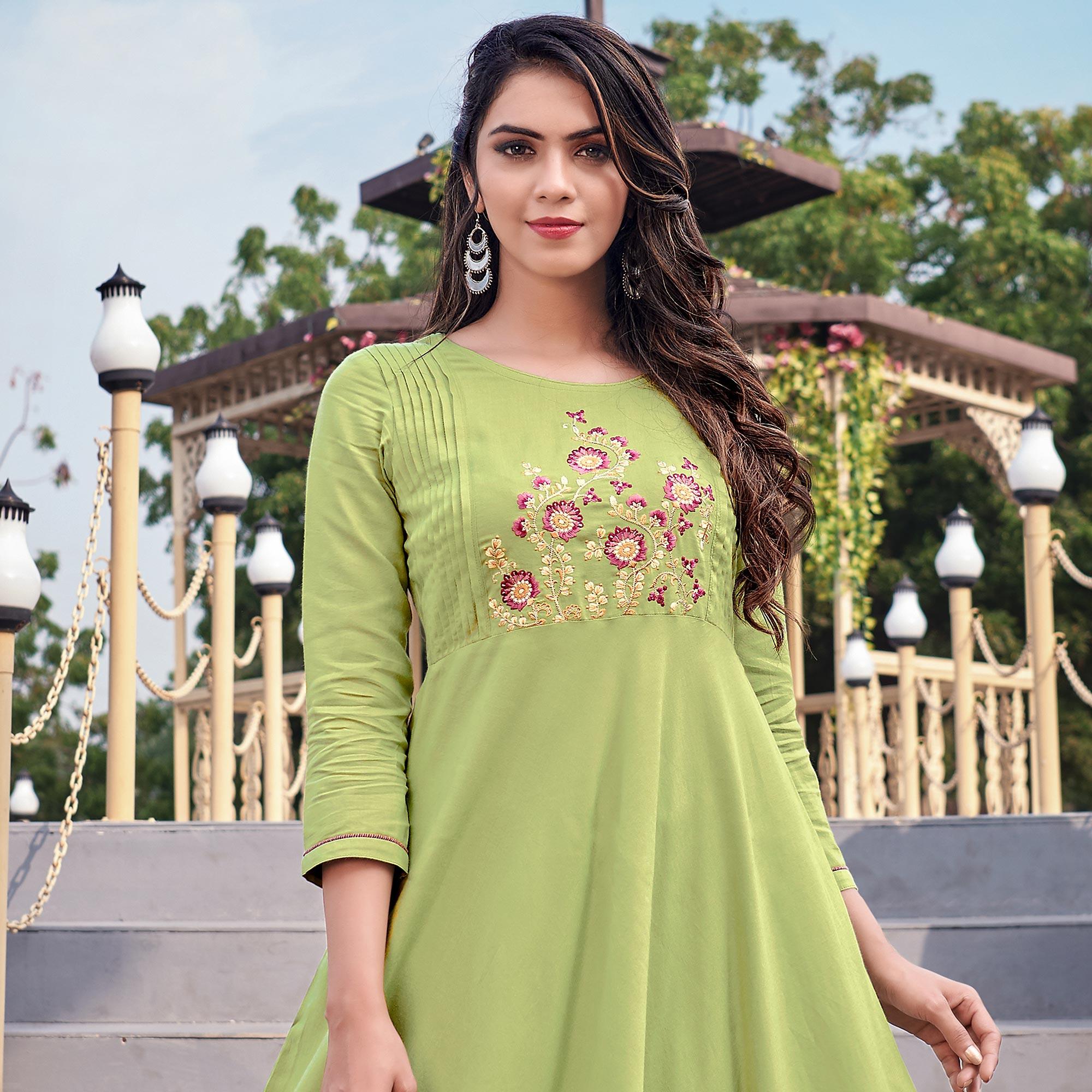 Green Floral Embroidered Rayon Gown - Peachmode