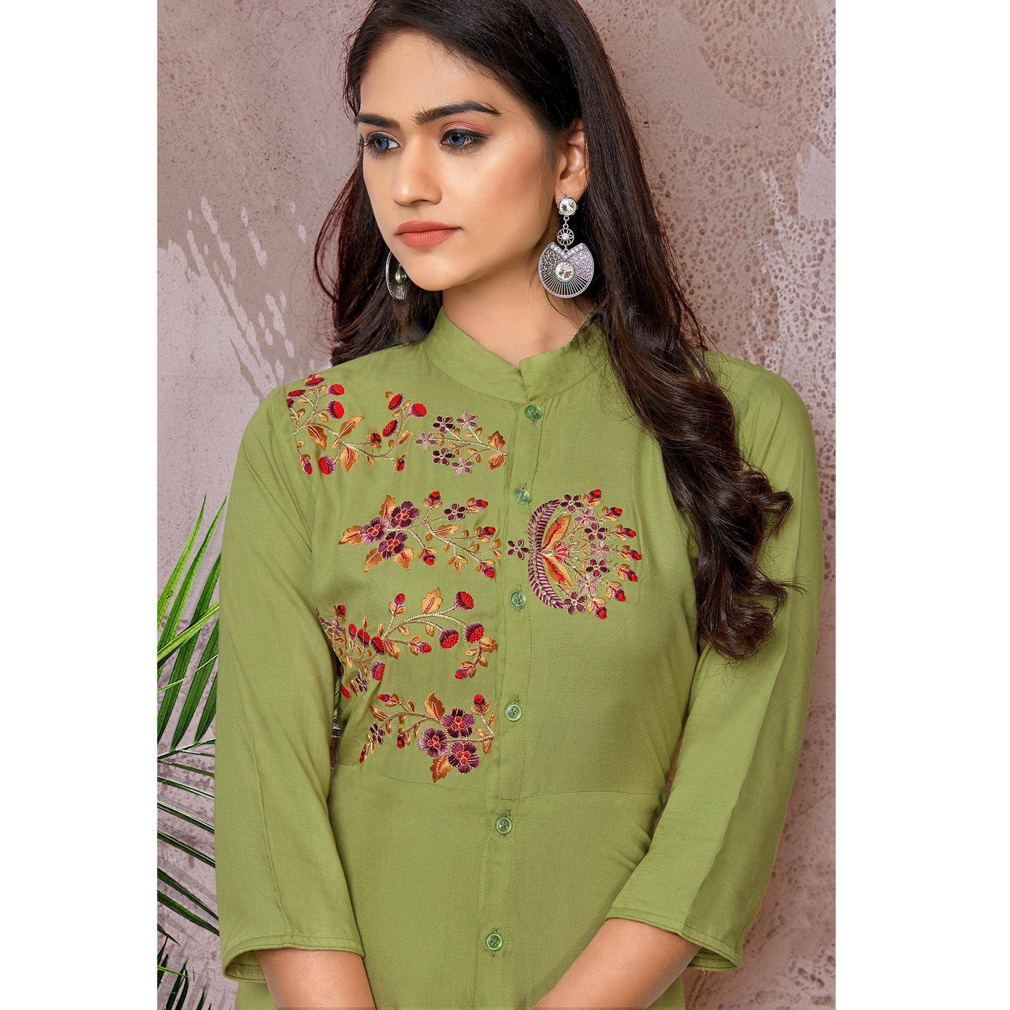 Green Floral Embroidered Rayon Gown - Peachmode