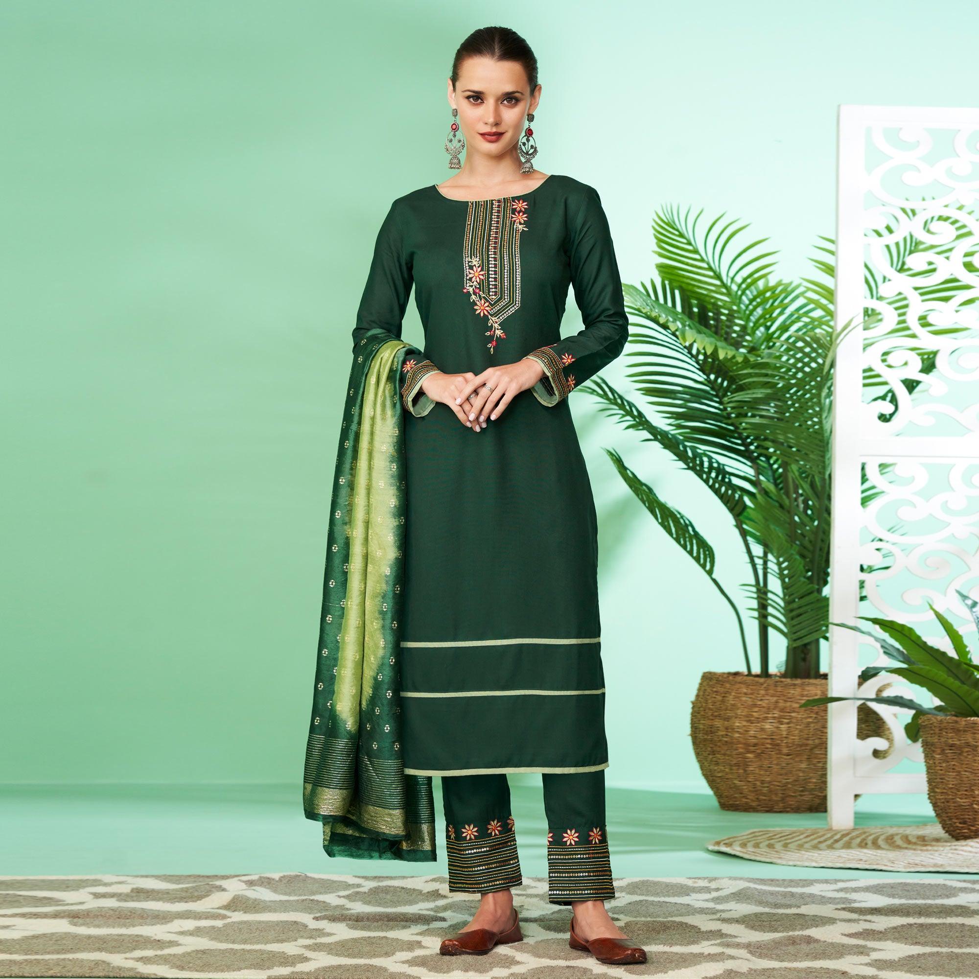 Green Floral Embroidered Rayon Kurti Pant Set - Peachmode