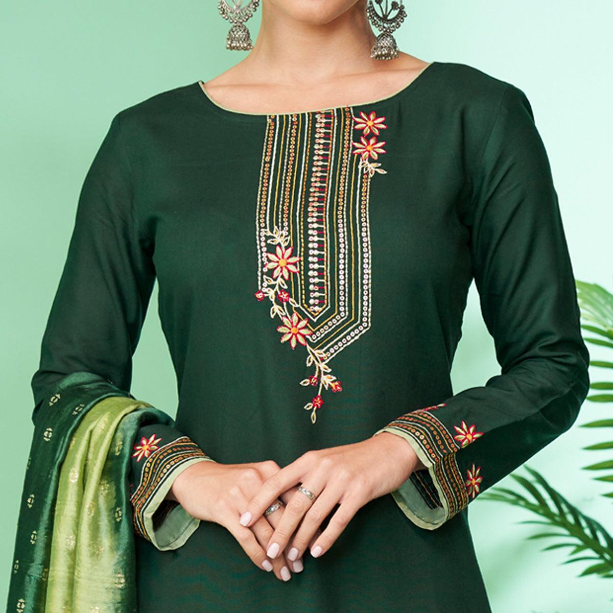 Green Floral Embroidered Rayon Kurti Pant Set - Peachmode