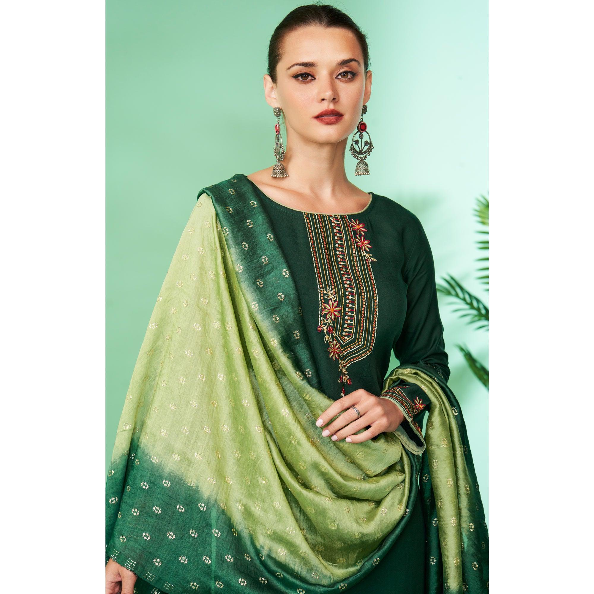 Green Floral Embroidered Rayon Kurti Pant Set - Peachmode