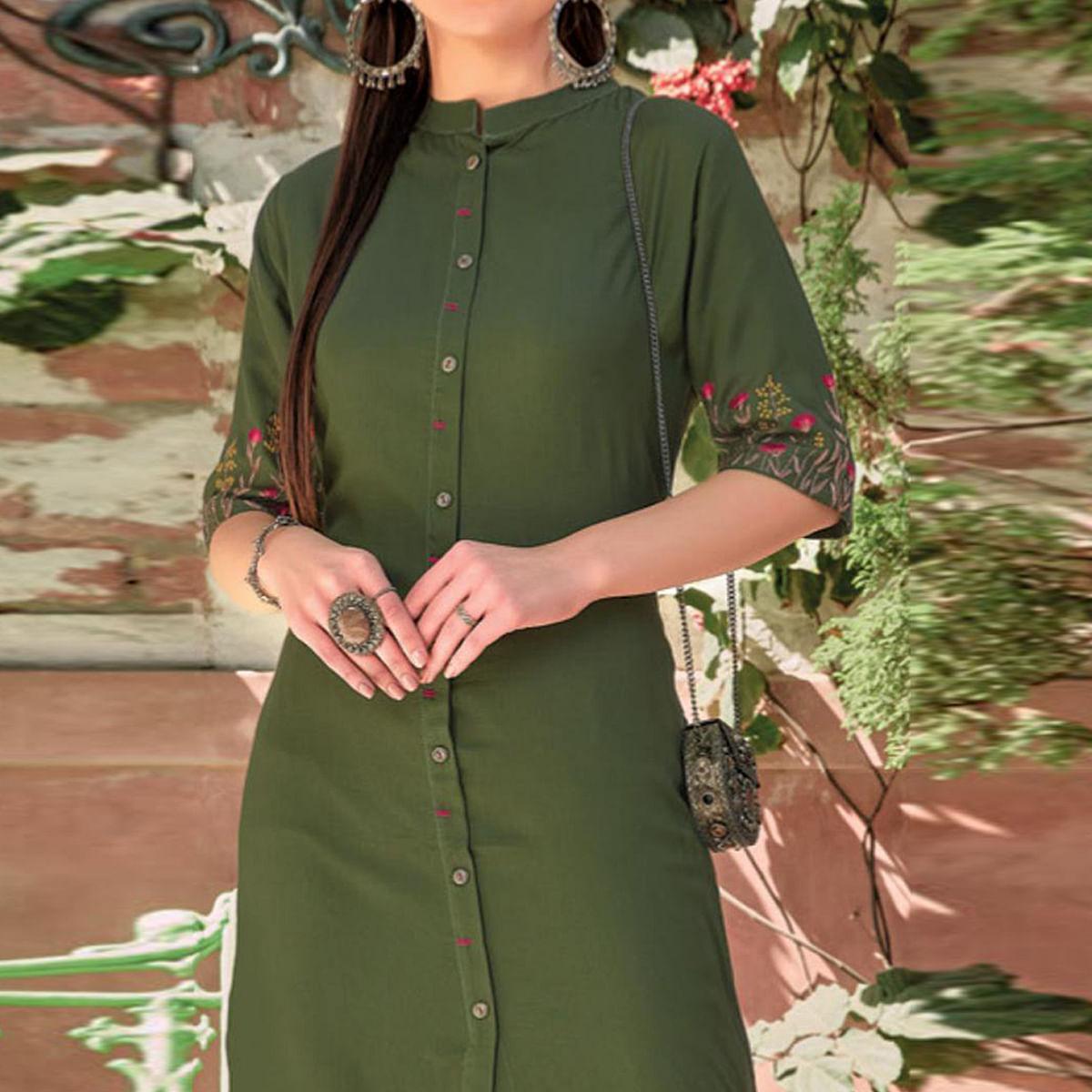 Green Floral Embroidered Rayon Kurti - Peachmode