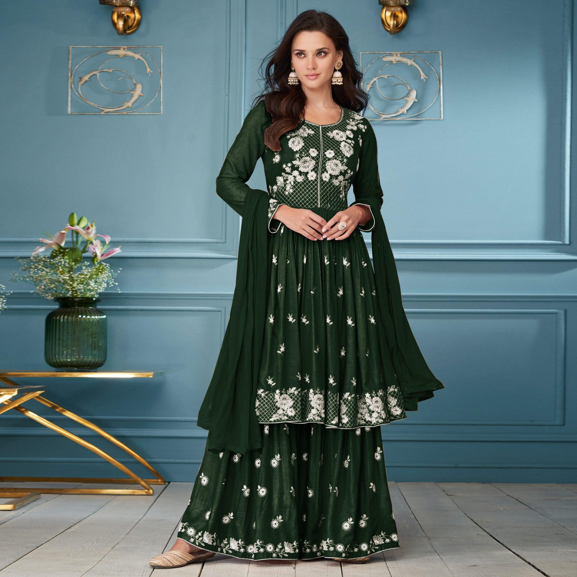 Green Floral Embroidered Rayon Palazzo Suit - Peachmode