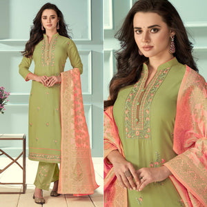 Green Floral Embroidered Rayon Partywear Suit - Peachmode