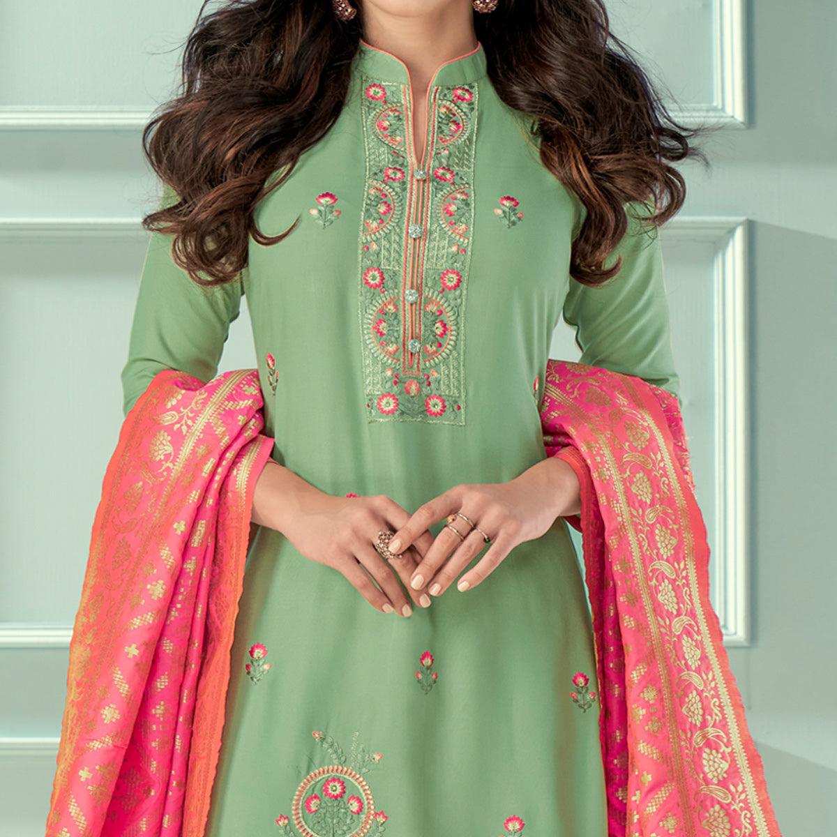 Green Floral Embroidered Rayon Partywear Suit - Peachmode