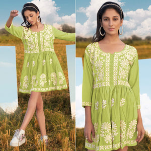 Green Floral Embroidered Rayon Top - Peachmode