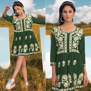 Green Floral Embroidered Rayon Top - Peachmode