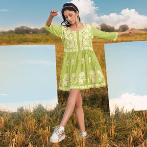 Green Floral Embroidered Rayon Top - Peachmode