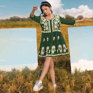 Green Floral Embroidered Rayon Top - Peachmode