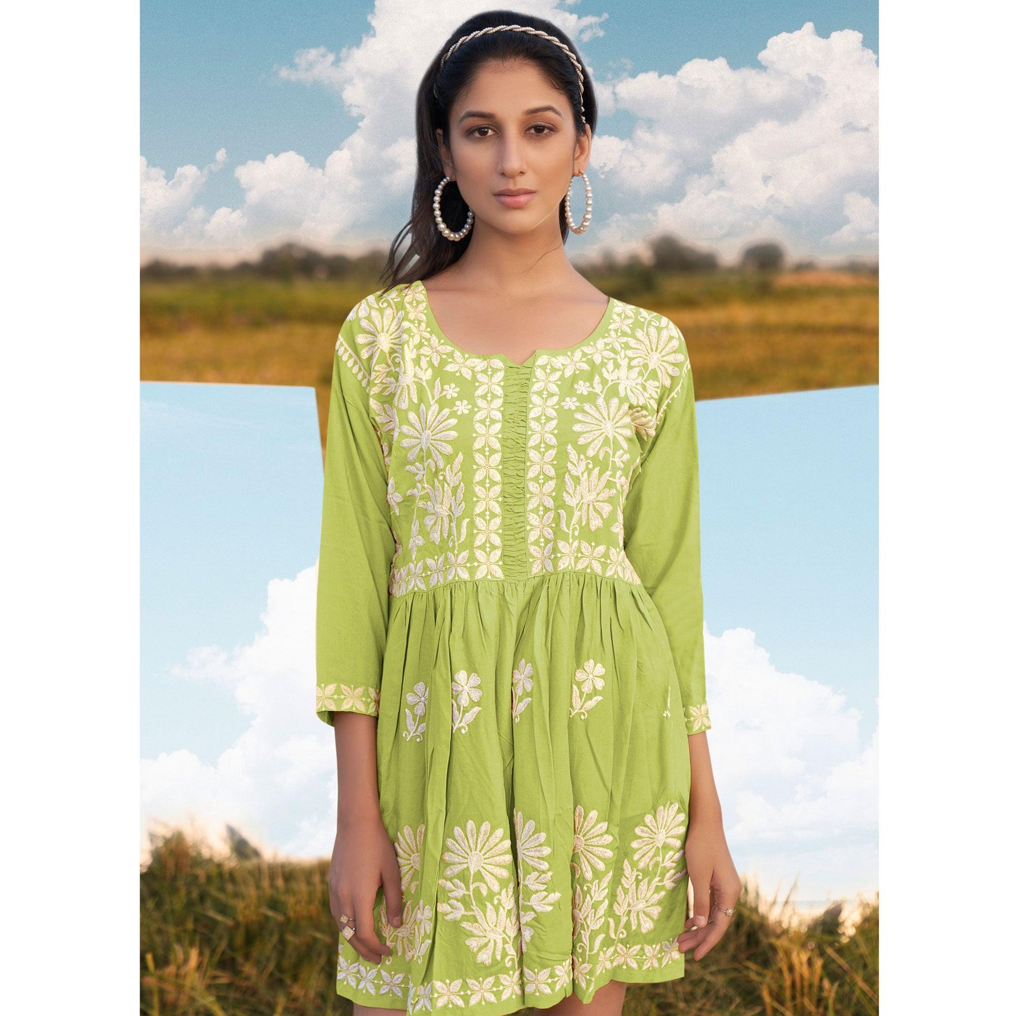Green Floral Embroidered Rayon Top - Peachmode