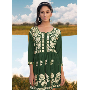Green Floral Embroidered Rayon Top - Peachmode
