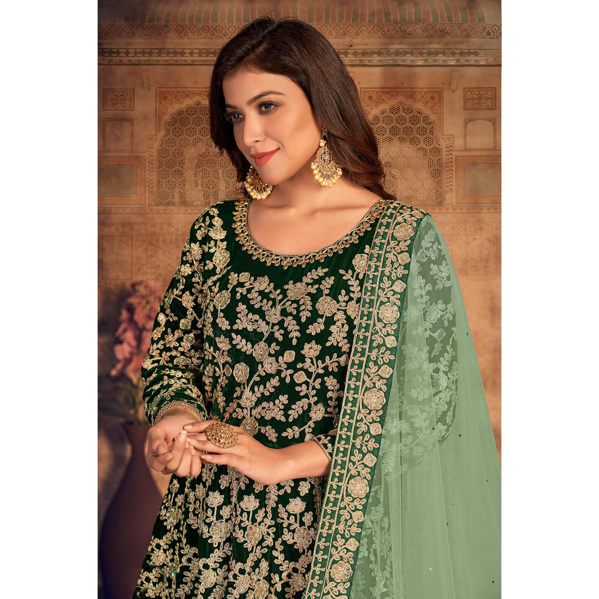 Green Floral Embroidered Velvet Partywear Gown - Peachmode