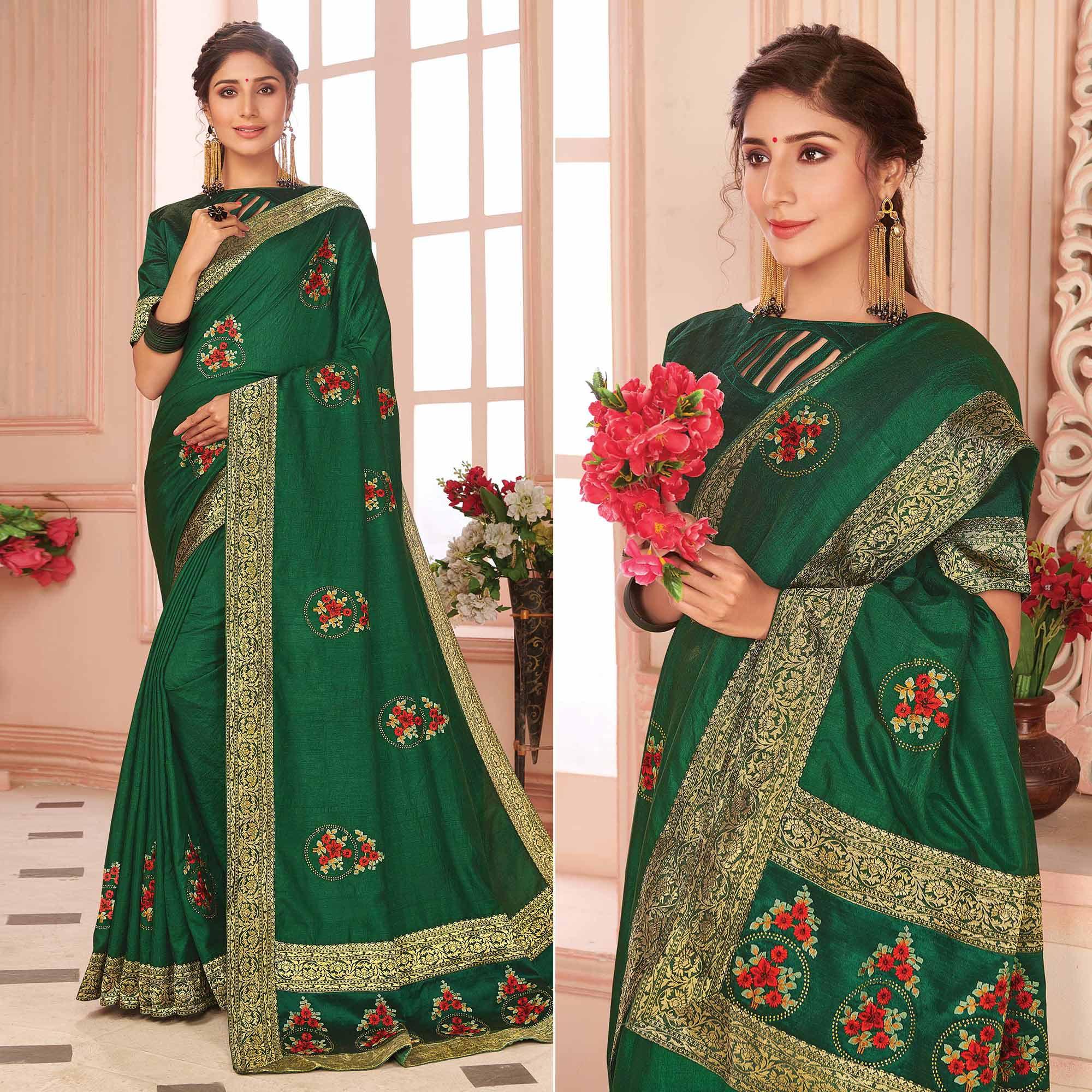Green Floral Embroidered Vichitra Silk Saree - Peachmode