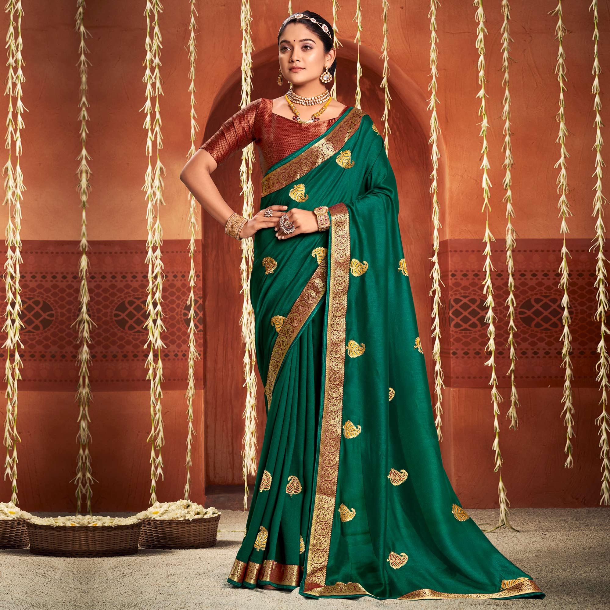 Green Floral Embroidered Vichitra Silk Saree - Peachmode