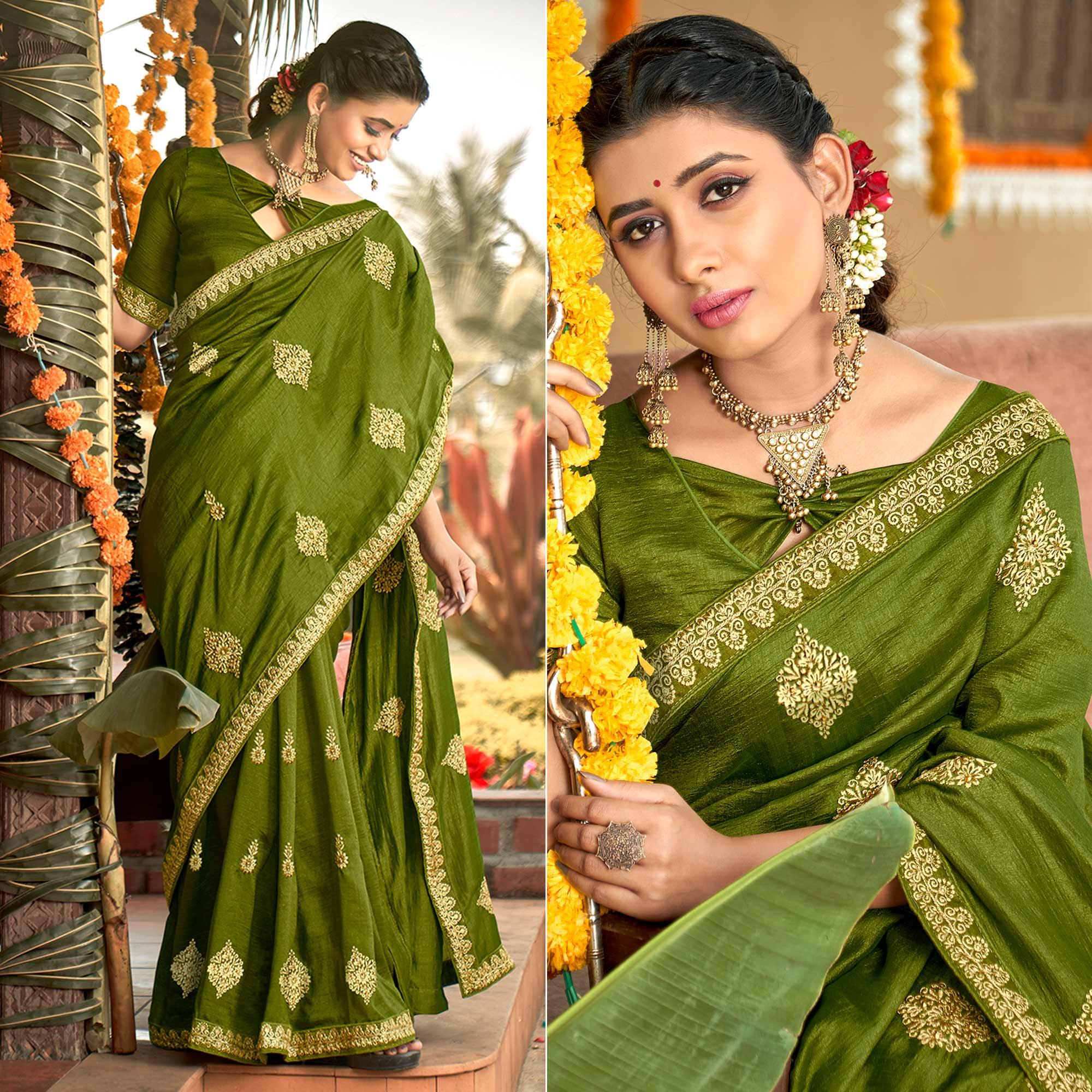 Green Floral Embroidered Vichitra Silk Saree - Peachmode