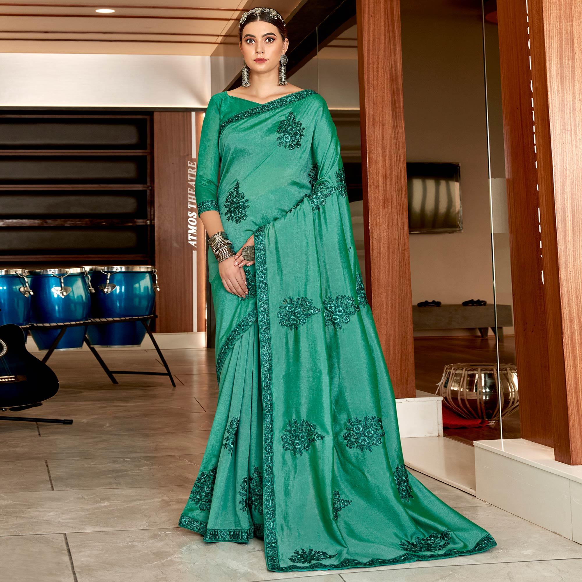 Green Floral Embroidered Vichitra Silk Saree - Peachmode