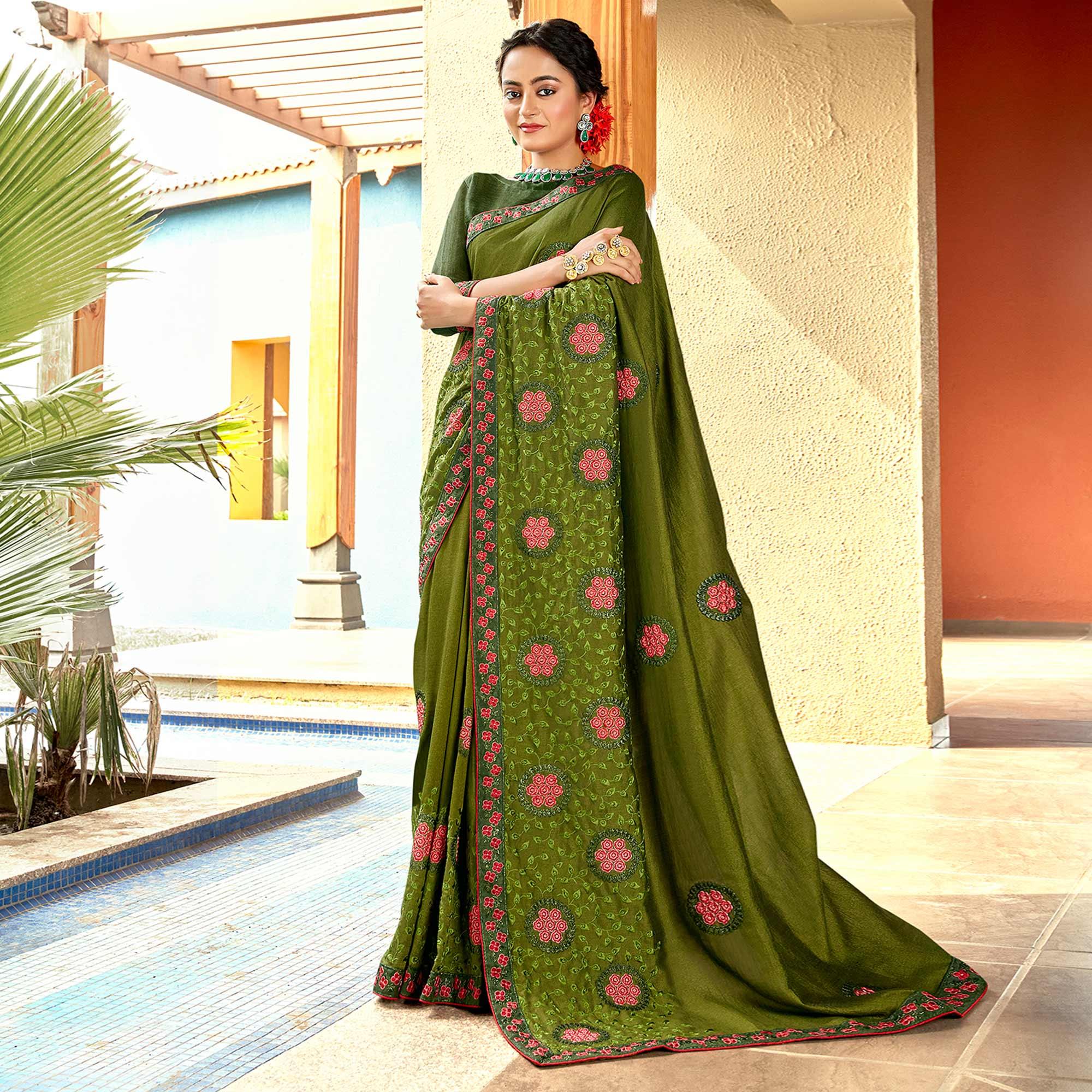 Green Floral Embroidered Vichitra Silk Saree - Peachmode