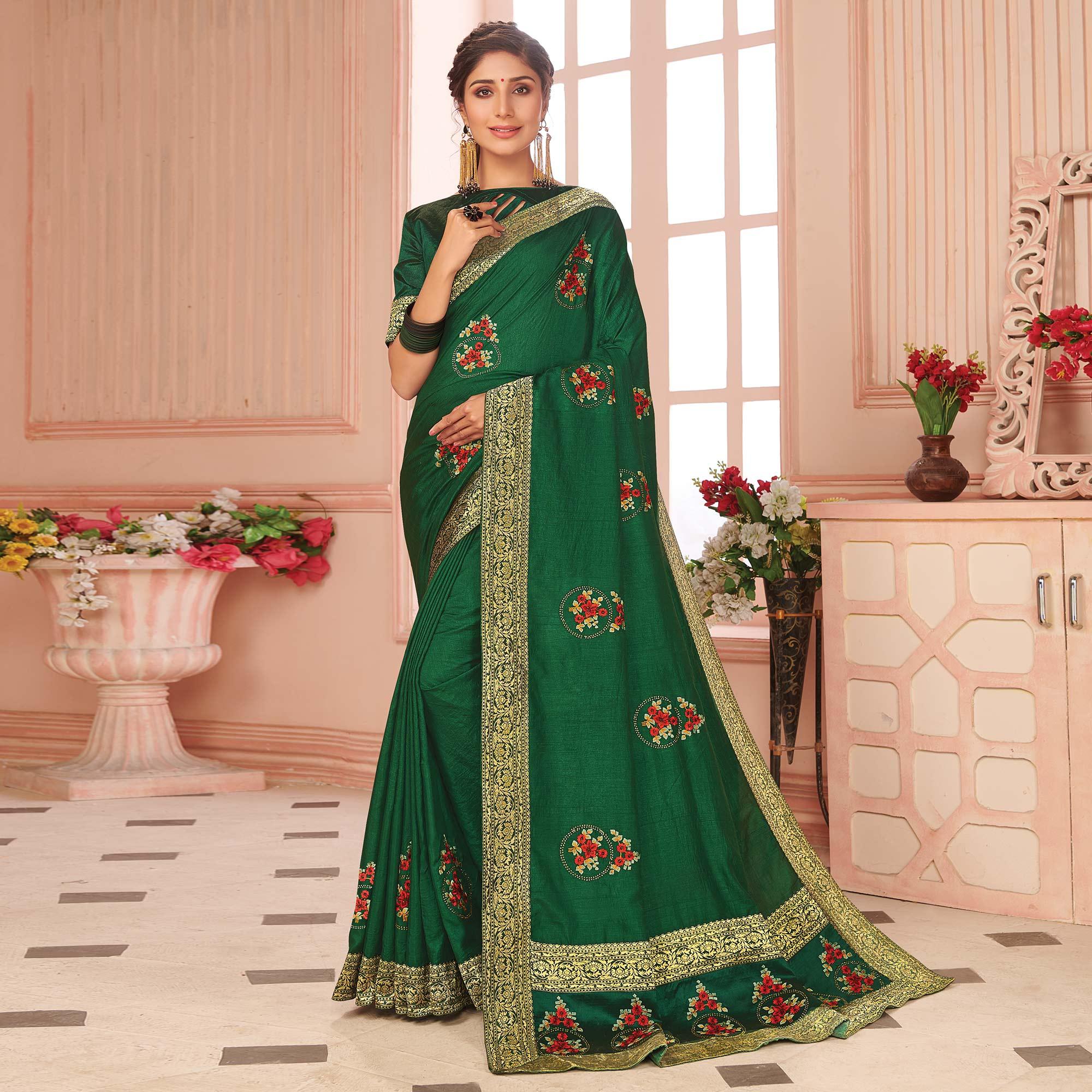 Green Floral Embroidered Vichitra Silk Saree - Peachmode
