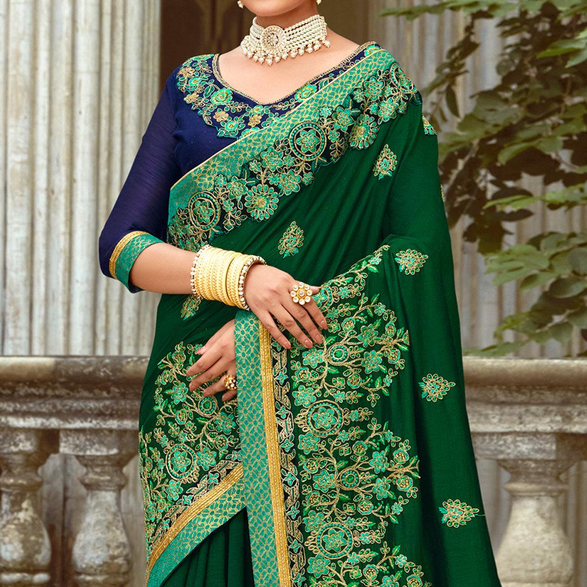 Green Floral Embroidered Vichitra Silk Saree - Peachmode