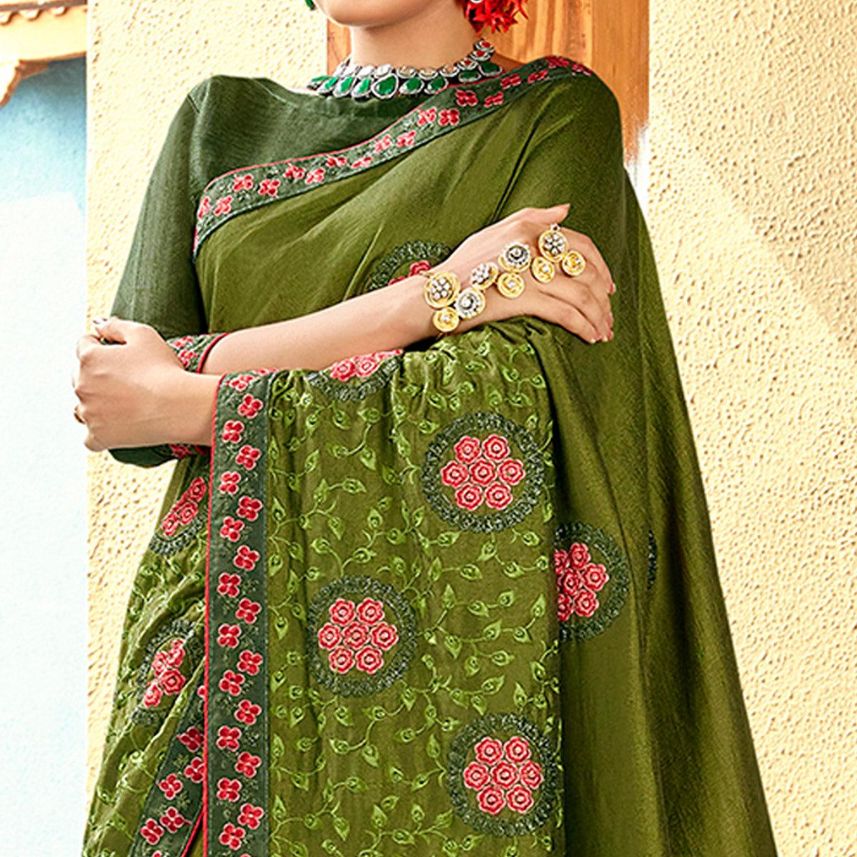 Green Floral Embroidered Vichitra Silk Saree - Peachmode