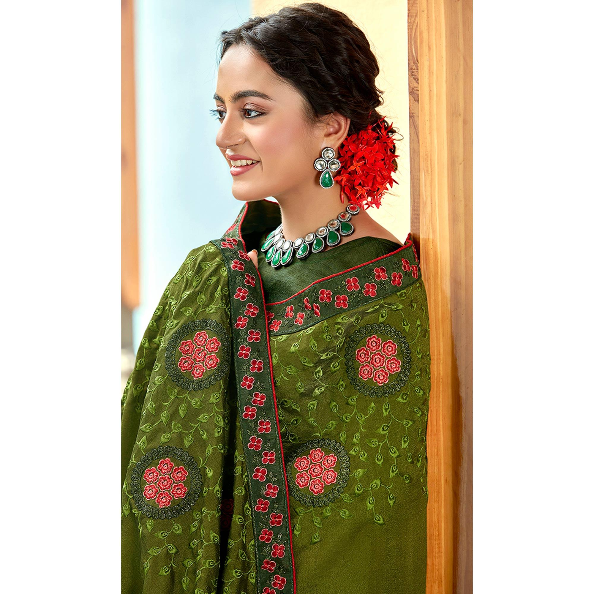 Green Floral Embroidered Vichitra Silk Saree - Peachmode