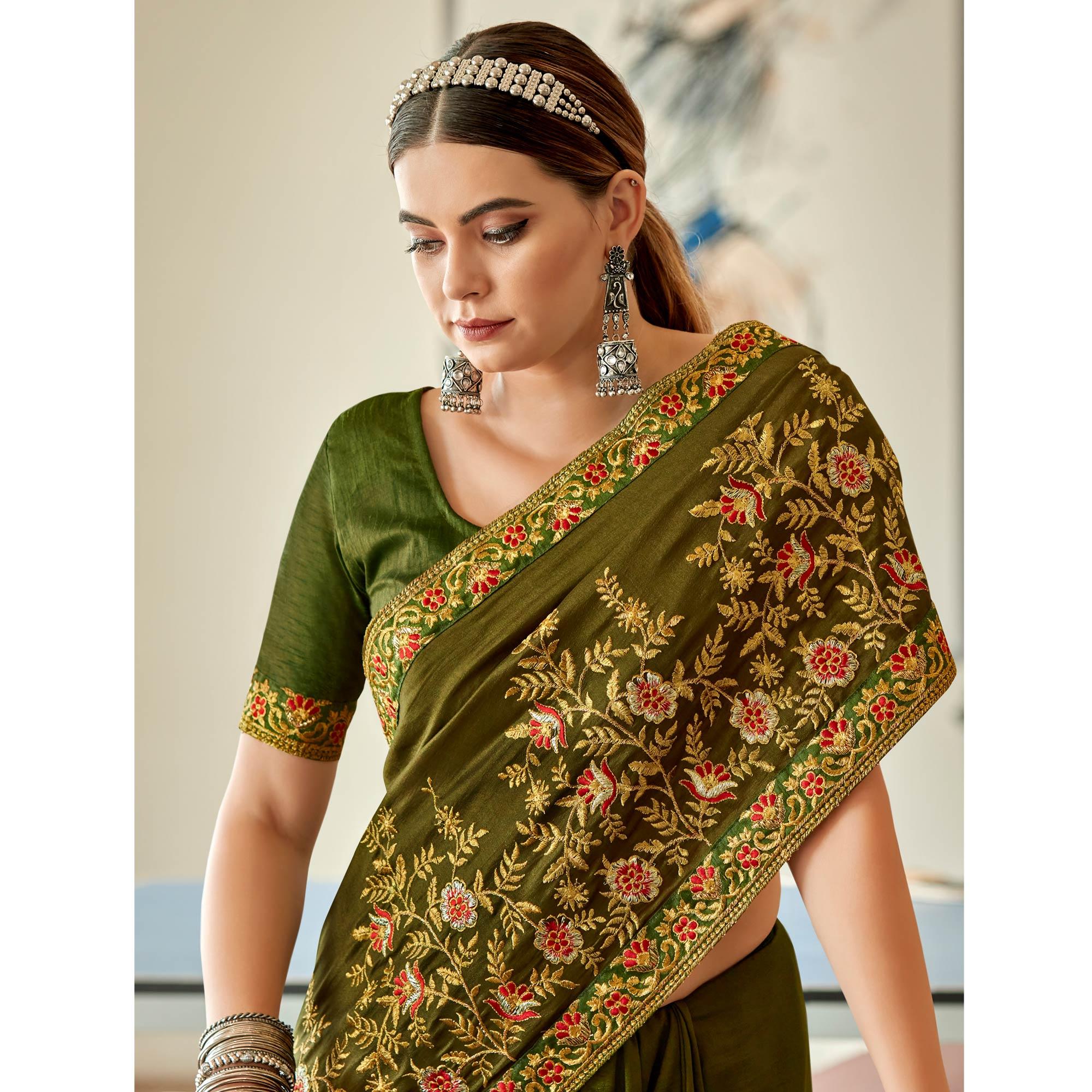 Green Floral Embroidered Vichitra Silk Saree - Peachmode