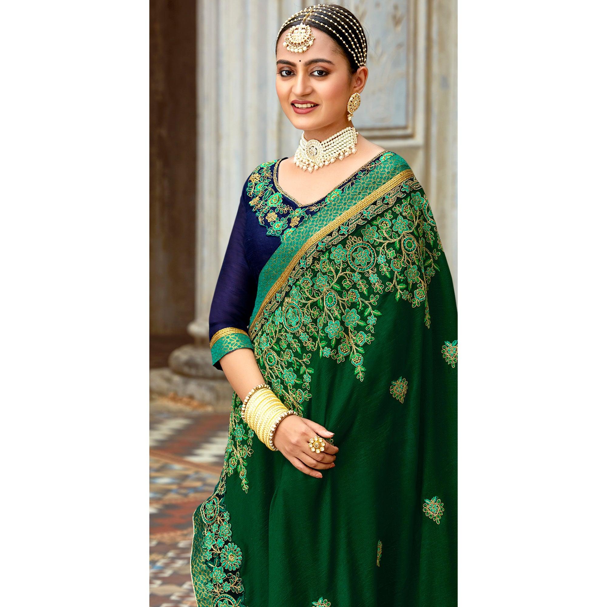 Green Floral Embroidered Vichitra Silk Saree - Peachmode
