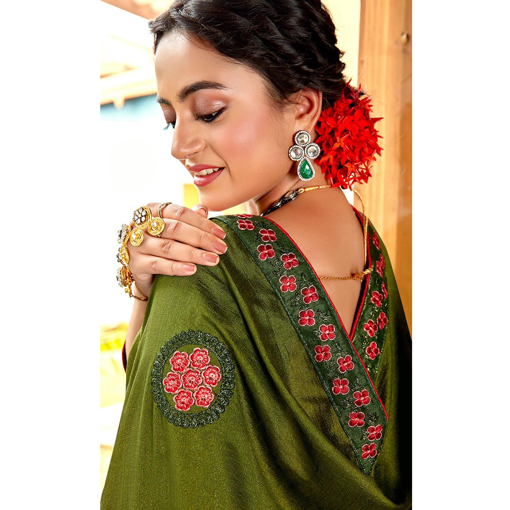 Green Floral Embroidered Vichitra Silk Saree - Peachmode