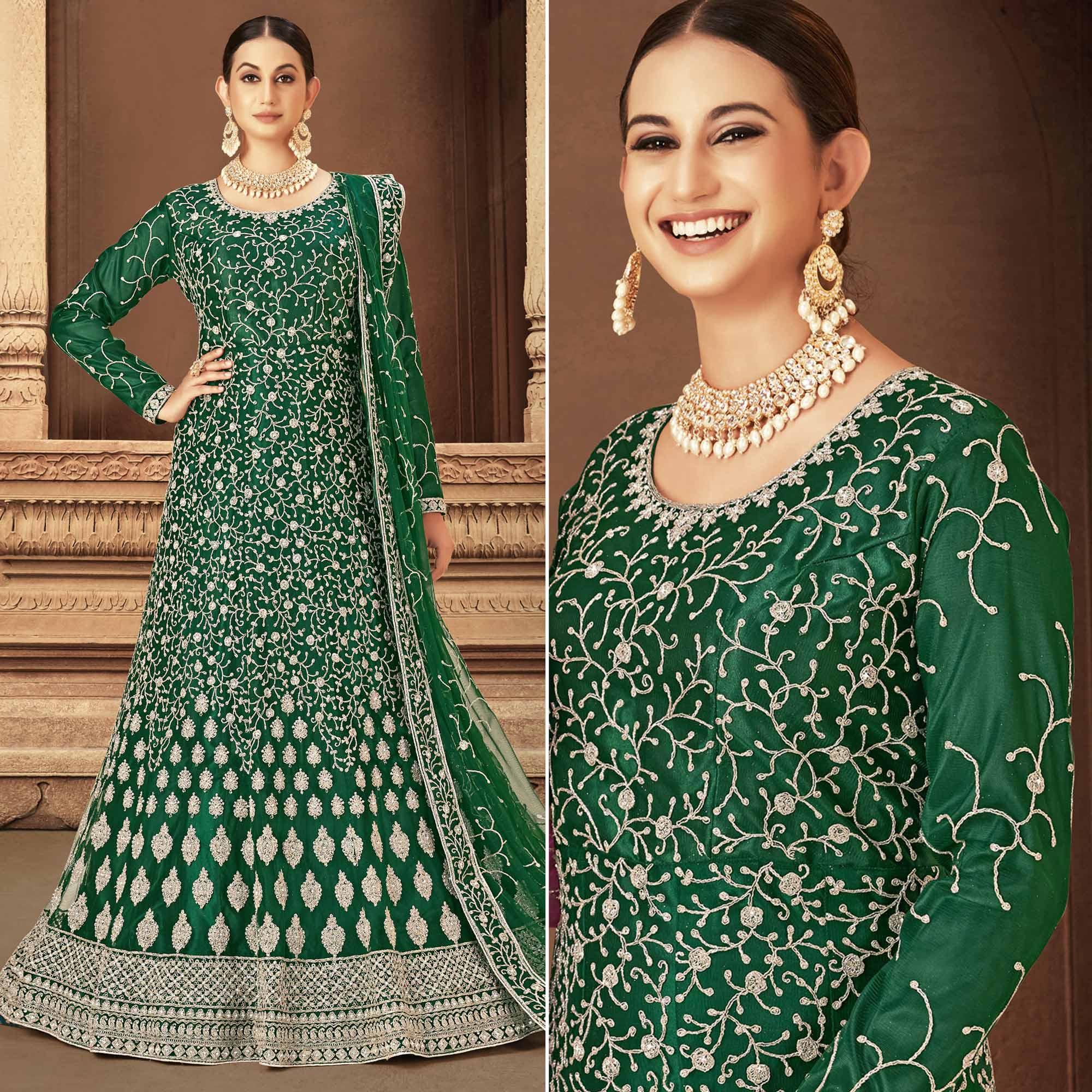 Green Floral Embroidered With Diamond Work Net Gown - Peachmode