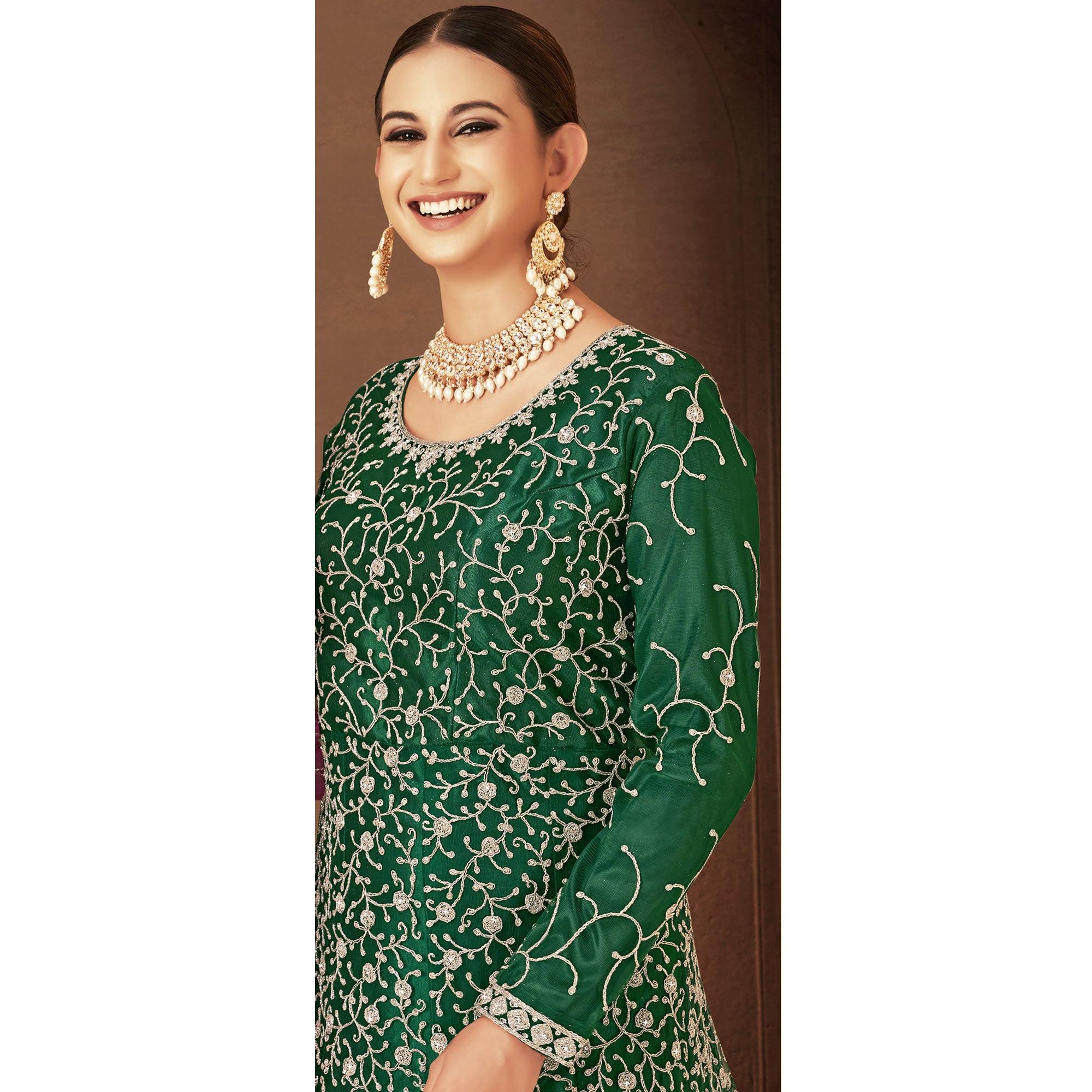 Green Floral Embroidered With Diamond Work Net Gown - Peachmode