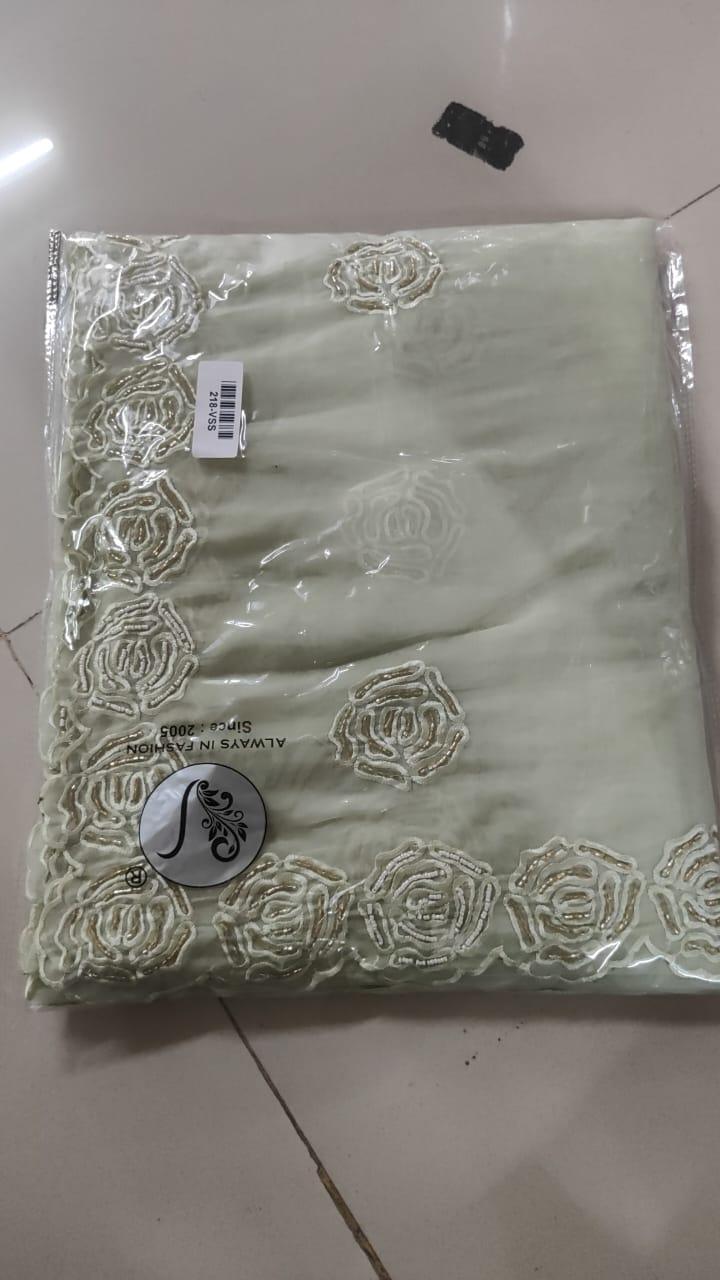 Green Floral Embroidered With Embellished Georgette Saree - Peachmode