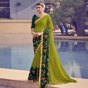 Green Floral Embroidered With Foil Printed Chiffon Half & Half Saree - Peachmode