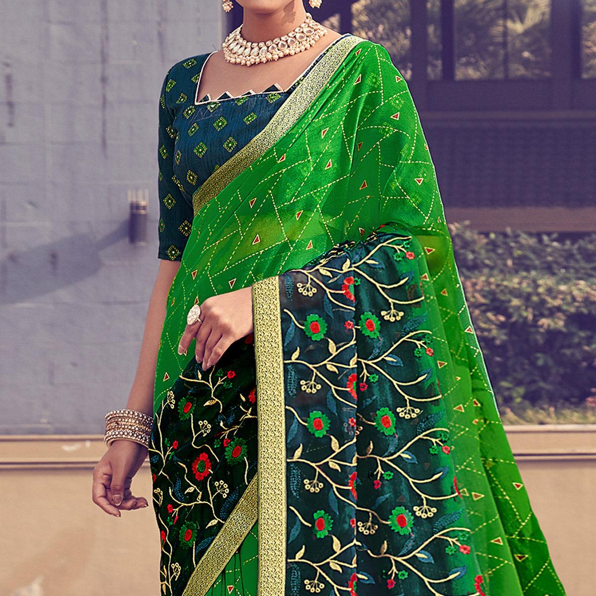Green Floral Embroidered With Foil Printed Chiffon Half & Half Saree - Peachmode