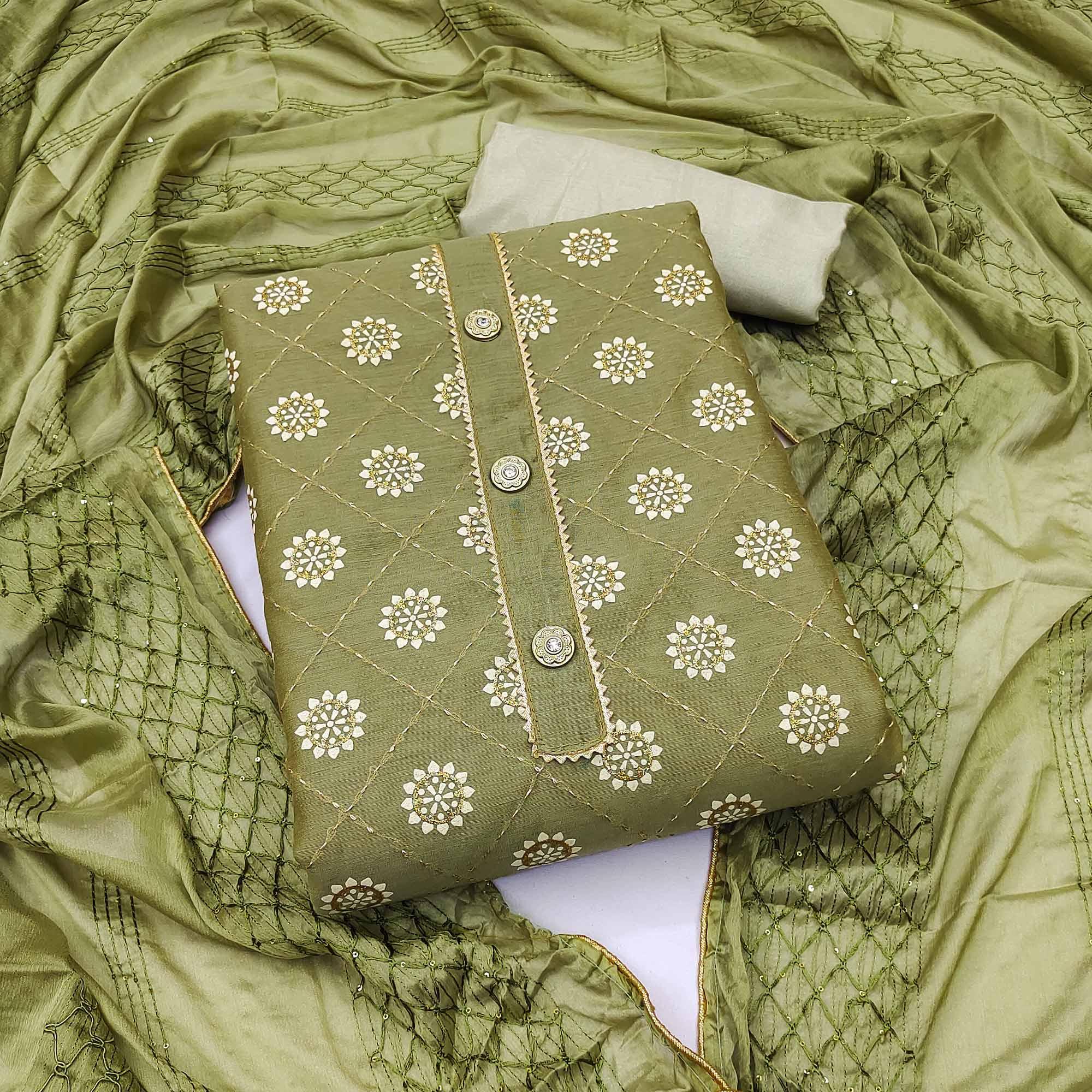 Green Floral Embroidered With Gota Patti Chanderi Dress Material - Peachmode